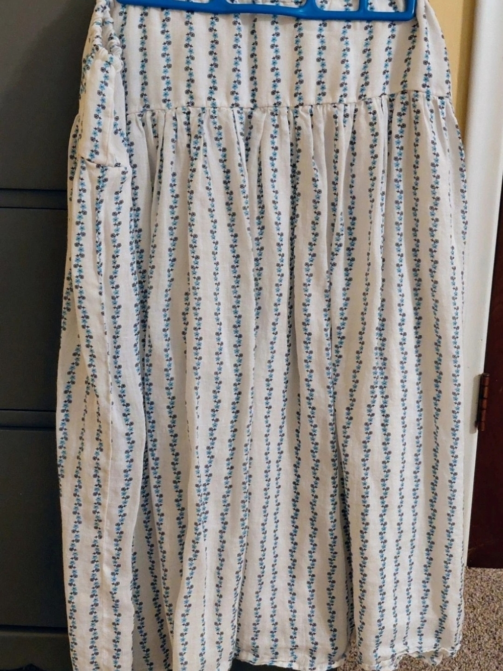 J. Crew Cream Midi Skirt with Blue Floral Stripes